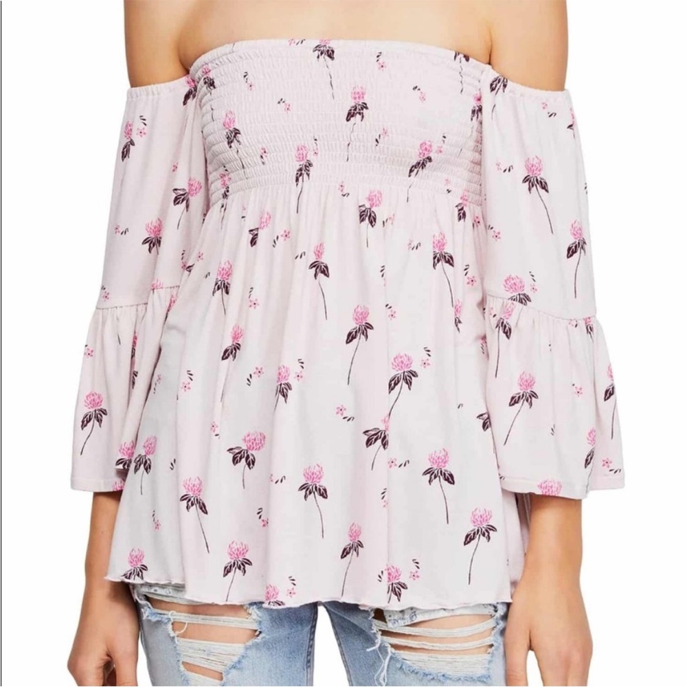 Free People‎ Lana Floral Off-Shoulder Blouse - Light Pink